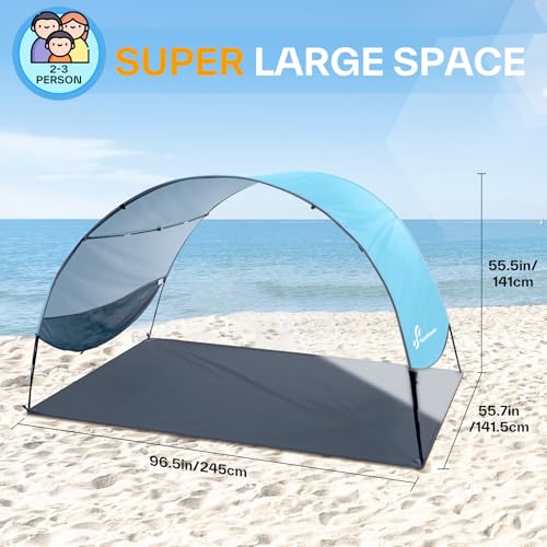 Sportneer Beach Tent Sun Shelter Beach Shade Canopy UPF 50+ UV Protection with 8 Wind Ropes and 12 Ground Stakes for Beach Camping Backyard Picnic Outdoor (Light Blue)