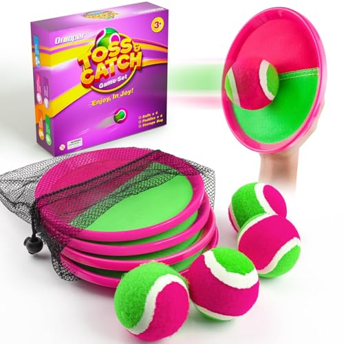 Kids Outdoor Toys - Toss and Catch Game Set, Outside Yard Camping Beach Pool Toys Games for Boys Girls 3 4 5 6 7 8 9 10 Year Old, 4 Paddles 4 Balls (Pink+Pink) - color: Pink