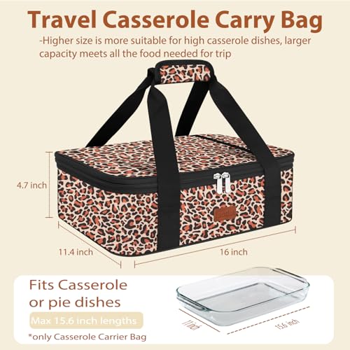 Insulated Casserole Carrier Bag, Expandable Thermal Food Carrier Insulated Travel Carry Bag for Hot or Cold Food for Picnic Cookouts Potluck Parties Fits 9" x 13" Baking Dish (Leopard) - color: Leopard, size: 16x11.4x4.7inch