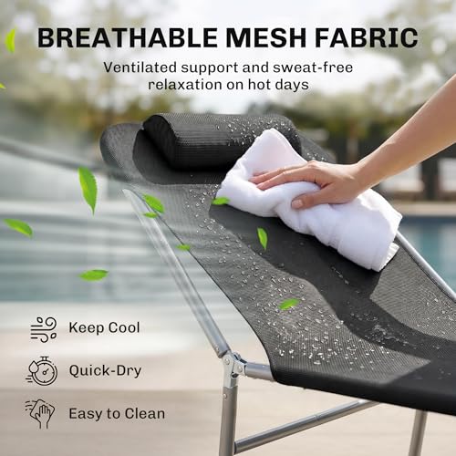 Outsunny Folding Chaise Lounge Pool Chairs, Outdoor Sun Tanning Chairs with Pillow, Reclining Back, Steel Frame & Breathable Mesh for Beach, Yard, Patio, Black - color: Black