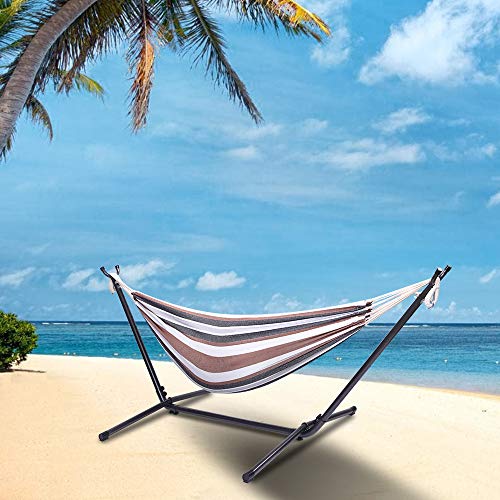 Double Hammock with Steel Stand, Adjustable Hammock Bed,Portable Outdoor Polyester Hammocks Set,2-Person Heavy-Duty Hammocks for Camping Garden Backyard Patio,250lbs Capacity (Coffee Stripe) - color: Coffee Stripe