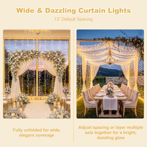 JMEXSUSS 900 LED Outdoor Curtain Lights, 9.5x29.5ft Christmas Lights Plug in with Remote, Twinkle Hanging String Light for Bedroom Wall Wedding Backdrop Window Gazebo Decor, Warm White - color: *Warm White, size: 900 LED