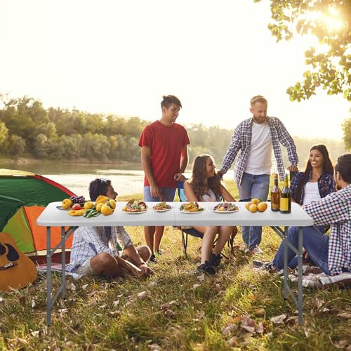 SUPER DEAL Upgraded 6FT Folding Picnic Table for Outdoor, Portable Fold-in-Half Plastic Dining Picnic Party Table with Carrying Handle - size: 6 FT