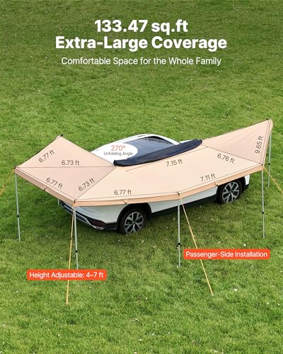 VEVOR 270 Degree Awning, 133 sq.ft Driver Side Vehicle Awning, Waterproof UV50+ Car Side Awnings with Carry Bag, All-Weather Free-Standing Overland Awnings Car Shelter for SUV Van Truck Camping - color: Khaki 270° 20*6.7ft Car Awning