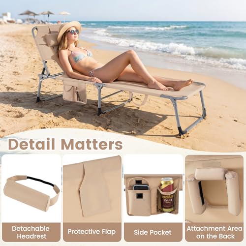 COSTWAY Tanning Chair with Face Hole, Folding Beach Lounge Chair with 4-Position Adjustable Backrest, Pillow & Side Pocket, Foldable Chaise Lounge Chair Outdoor for Sunbathing, Camping (1, Beige) - color: Beige