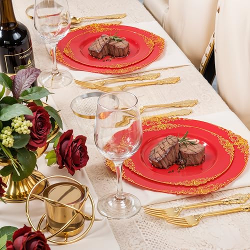 Nervure 350PCS Red Plastic Plates - Red Gold Plastic Dinnerware Sets for 50 Guests - 100 Gold Disposable Plates, 50 Pre Rolled Silverware Sets, 50 Cups Perfect for Wedding & Party & Mothers Day - color: Red and Gold