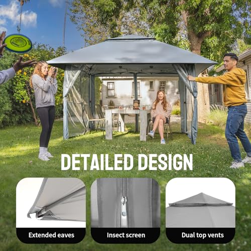 CROWN SHADES 11X11 Outdoor Pop Up Gazebo Base 10X10 Patio Gazebos Patented Center Lock Quick Setup Newly Designed Storage Bag Instant Canopy Tent with Mosquito Nettings (11x11, Gray) - color: Gray, size: 11x11