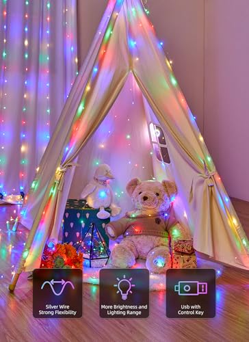 Brightown 300 LED Fairy Curtain Lights, Curtain String Lights, USB Plug in 8 Lighting Modes Christmas Decoration, Hanging Lights with Remote for Bedroom Indoor Weddings Dorm Multicolor 1 Pack - color: Multicolor, size: 1 Pack-300 LED