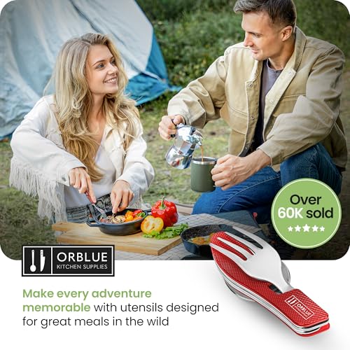 Orblue 4-in-1 Camping Utensils, 1-Pack, Portable Stainless Steel Spoon, Fork, Knife & Bottle Opener Combo Set - Travel, Backpacking Cutlery Multitool, Red - color: 1-PACK Live Red