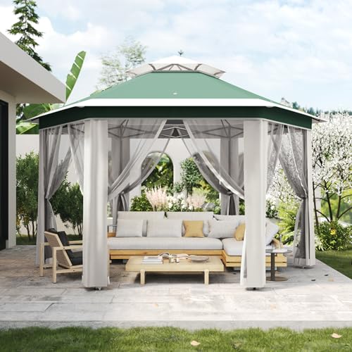 13X13 Pop Up Gazebo,Outdoor Canopy Tent with Mosquito Netting, Double Vented Roof Sun Shelter with Adjustable Heights,Outdoor Gazebo for Backyard & Patio Furniture.(Green with Beige-Hexagonal). - color: Green with beige