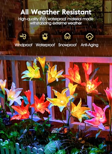 Brightown Solar Lights Outdoor, 4 Pack Solar Garden Lights with Larger & More Realistic Lily Flowers, Waterproof Outdoor Solar Lights for Yard Patio Lawn Pot Decoration - color: Lily