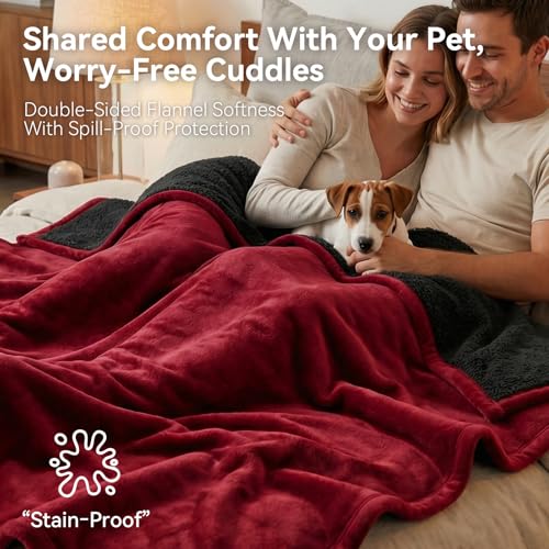 Waterproof Blanket for Bed - Blanket with Waterproof & Stain Proof, Splash Resistant, Machine-Washable Flannel is Soft and Comfortable, Suitable for Bed/Sofa (60"x80", Wine red/Black) - color: Wine Red/Black, size: 60''x80''
