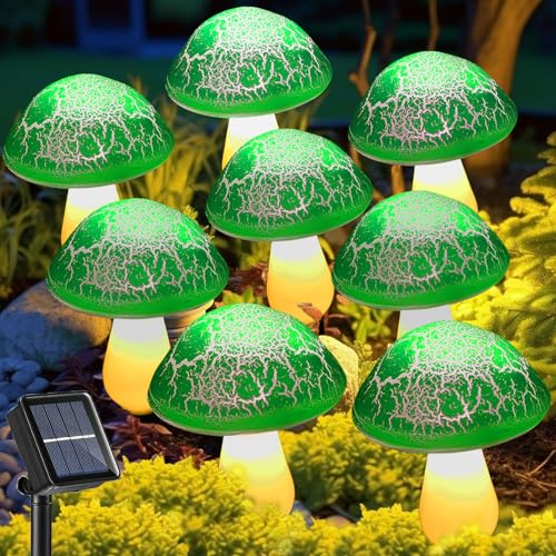 Solar Mushroom Lights Garden Decor 8 Green Crack Mushrooms Outdoor Decor Stake Lights Waterproof Solar Pathway Light Gardening Gifts for St Patrick's Day Easter Gnomes Yard Halloween Xmas Decorations - color: Green