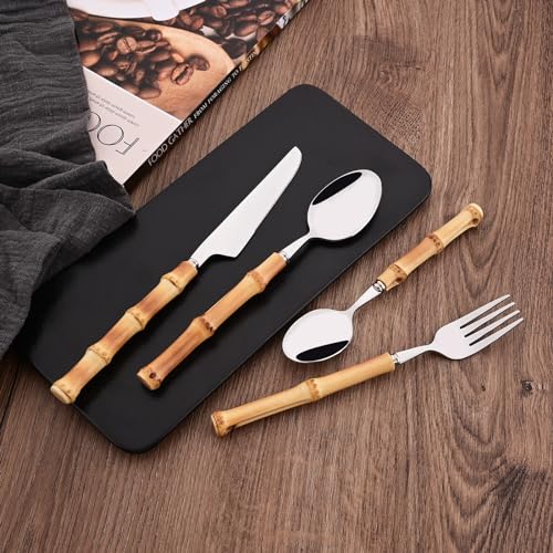 8-Piece Bamboo Handle Dinner Spoon Set, Stainless Steel Spoons for Kitchen Home and Restaurant, Mirror Polished, 8.03 inch - color: 8-Piece Dinner Spoon