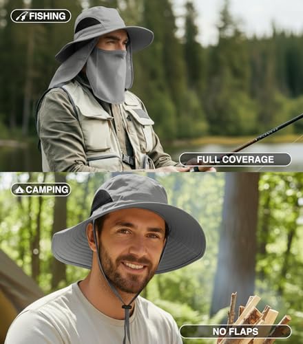 GearTOP Wide Brim Sun Hat for Men & Women, UPF 50+ Fishing Hat with Detachable Neck Flap & Face Cover Gardening Boonie Sunhat - color: Light Grey