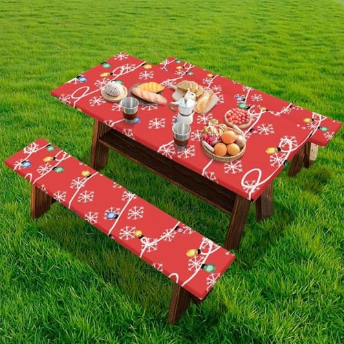 Christmas Colored Lights Snowflake Picnic Table Cover with Bench Covers 3 PCS for Outdoor Camping Rectangle Table Cloth for Picnic Camping Outdoor - color: Christmas Colored Lights Snowflake, size: Small