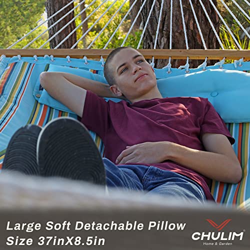 CHULIM 12 FT Double Quilted Fabric Hammock with Spreader Bars and Pillow 450 LBS Weight Capacity 2 Person Hammock for Outdoor Patio Backyard Poolside Blue Stripes - color: Blue Stripes