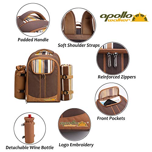 apollo walker Picnic Backpack Bag for 2 Person with Cooler Compartment, Detachable Bottle/Wine Holder, Fleece Blanket, Plates and Cutlery(2 Person, Brown) - color: Brown, size: 2 Person
