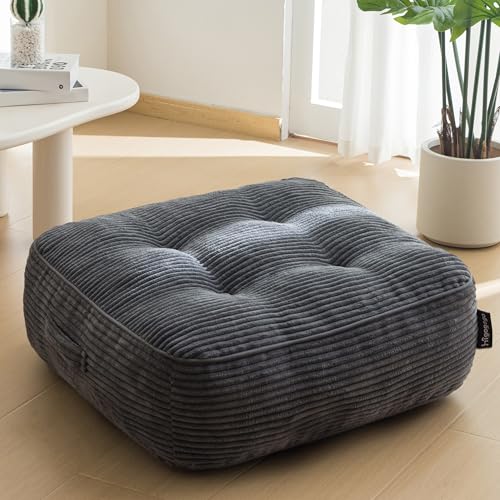 HIGOGOGO 8" Extra Thick Floor Pillow Cushion for Adults, Meditation Cushion Pillow, Large Square Floor Sitting, Tufted Corduroy Cover, for Tatami Living Room or Yoga, 22x22 Inch, Dark Grey - color: Square Dark Grey, size: 8" Thick(Pack of 1)