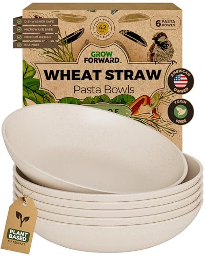 Grow Forward Premium Wheat Straw Pasta Bowls - 42oz Unbreakable Wide & Shallow Dinner Plate Bowls Set of 6 - Microwave Safe Reusable Plastic Pasta Bowls for Kids, Adults, Salad, Camping, RV - Sahara - color: Sahara Beige, size: 42oz