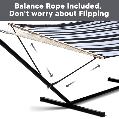 SUNCREAT Two Person Hammock with 12ft Stand Included, Max 475lbs Capacity, Heavy Duty Free Standing Hammock, Black Stripes - color: Black & White, size: 12 ft Stand
