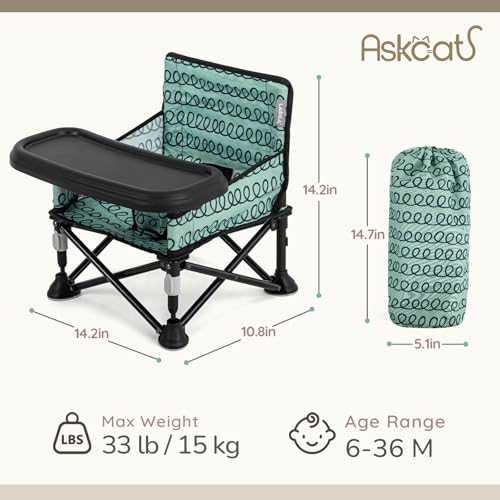 Toddler Booster Seat for Dining Table & Kitchen Chair - Portable Foldable with Removable Tray, Baby Camping Chair 6-36 Months Indoor Outdoor (Green Stripe) - color: Green Stripe Booster Seat