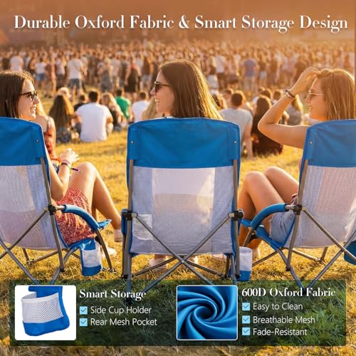 DUMOS Low Camping Beach Chair, Lightweight Folding Portable Beach Chair with Cup Holder, Storage Pocket, Breeze Mesh Back, Padded Armrests, Low Profile Chair for Camp, Picnic, Lawn, Sand, Blue - color: Blue, size: 25.79*22.24*27.36inch