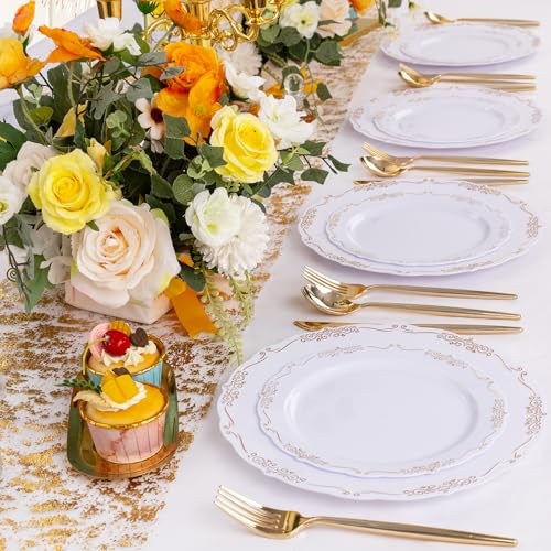 U-QE 100PCS Gold Plates Disposable - Heavy Duty White and Gold Plates Including 50PCS 10'' Dinner & 50PCS 7.5'' Dessert Plates Perfect for Upscale Party, Wedding - color: White Gold