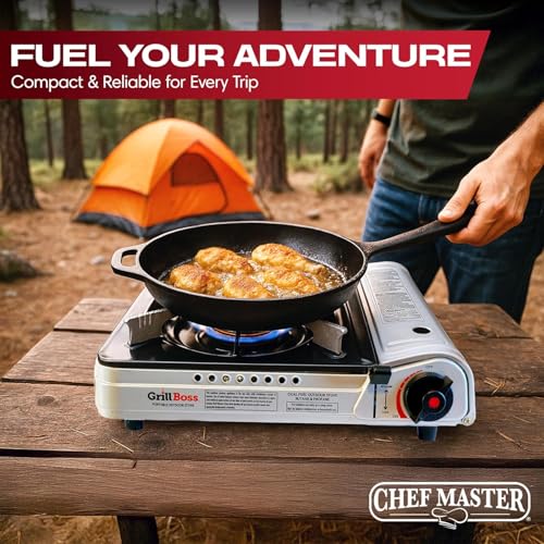 Grill Boss Dual Fuel Camp Stove - 12,000 BTU Butane & Propane Portable Stoves for Camping, Emergencies, BBQ, Hiking & Backpacking - Double Wind Guard, Instant Piezo Ignition System - 90057 - style: Stove2025