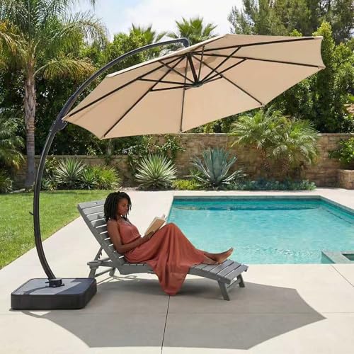 Kingdura 11ft Offset Cantilever Patio Umbrella with Base Included, Large Round Aluminum Outdoor Umbrella, 360° Rotation & Infinite Tilt, Heavy Duty Frame for Deck Pool Backyard, Beige - color: Beige, size: 11 FT