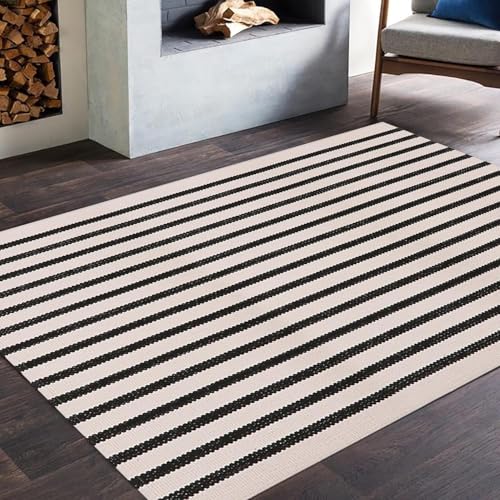 LEEVAN Black and White Striped Area Rug 3x5 ft Outdoor Patio Rugs Woven Washable Farmhouse Floor Carpet Front Porch Doormat for Bedroom/Courtyard/Laundry Room/Living Room - color: Black and White, size: 3' x 5' (Rectangular)