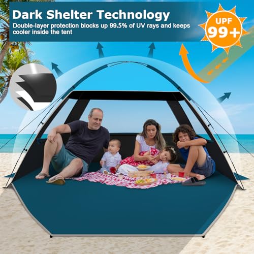 COMMOUDS Beach Tent Sun Shade for 3/4/6/8 Person, UPF 50+ Beach Sun Shelter Canopy Tent, Lightweight, Easy Set Up and Carry - color: Sky Blue with Dark Shelter, size: 3 Person
