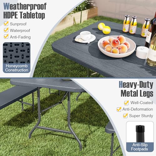 Goplus 6ft Plastic Folding Table, 350 LBS Indoor Outdoor Heavy Duty Portable Folding Tables with HDPE Tabletop, Handle, Lock, Foldable Rectangle Utility Card Table for Picnic, Party, Camping, Dining - color: Grey