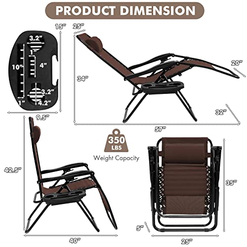 Giantex 2 PCS Zero Gravity Chair, Outdoor Chaise Lounge with Cup Holder, Patio Folding Chairs Recliner for Yard Pool Lawn Balcony - color: Brown, size: 1 Count (Pack of 2)