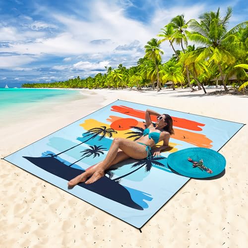 HIHOHO Beach Blanket Waterproof Sandproof Extra Large Beach Mat 79" X 83"/120"x108"for 1-8 Adults Quick Drying Durable Outdoor Picnic Mat for Beach Travel Camping Hiking - color: Coconut Tree - Rainbow - Light Blue, size: 79" X 83"（1~3 person）