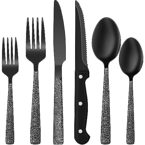 EWFEN 24-Piece Black Silverware Set with Steak Knives, Black Flatware Set for 4, Food-Grade Stainless Steel Tableware Cutlery Set, Mirror Finished Utensil Sets for Home Restaurant, Hammered Edge - style: Hammered Edge