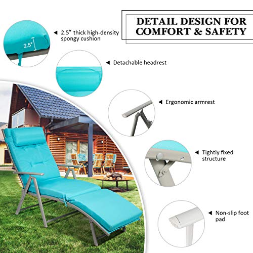 Tangkula Outdoor Folding Chaise Lounge Chair, Lightweight Recliner Chair w/ 7 Adjustable Backrest Positions, Patio Reclining Beach w/Removable Cushion & Pillow for Patio Poolside No Assembly Required - color: Turquoise