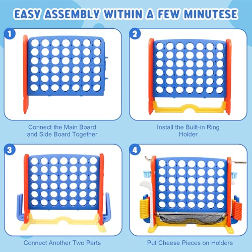 Wdmiya Giant 4 Outdoor Game Set, 4-in-1 Height Adjustable Jumbo 4-in-a-Row Game with Ring Toss, Basketball Hoop & Golf, Backyard Games for Kids & Adults, Includes Mesh Pocket (Upgrade Blue) - color: Upgrade Blue