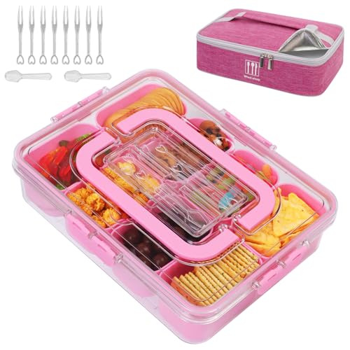 Snack Box Container with Insulated Cooler Bag, Divided Serving Tray with Lid and Handle Beach Essentials, Snackle Box Veggie Fruit Tray with 8 Compartments & 8 Forks & 2 Spoon Pink - size: Pink