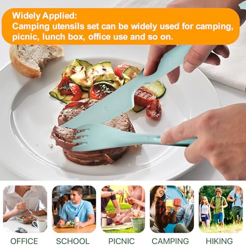 Travel Utensils Set with Case, 4 Sets Camping Utensils Wheat Straw Reusable Utensils Set With Case, Knife Fork and Spoon Utensils for Lunch Box - color: Blue, Light blue, Beige, Gray