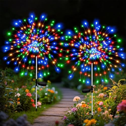 2 Pack 300 LED Solar Garden Lights Outdoor Waterproof Decorative, 8 Modes Firework Lights Solar Powered, Multicolor Sparkler Fairy Light for Yard Patio Pathway Lawn Landscape Flowerbed Party Decor