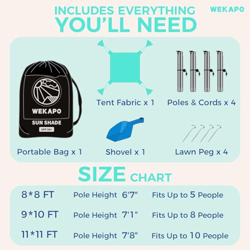 WEKAPO Beach Tent Sun Shelter - Easy Setup Beach Canopy with 4 Sturdy Poles, Extra Large Sandbags and Shovel, 7'8'' Tall, Windproof Sun Shade for Backyard and Camping, UPF 50+ Protection - color: Turquoise, size: 11x11 FT 4 Pole