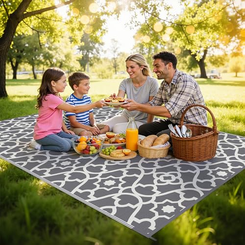 HEBE Outdoor Rug Waterproof 6x9, Plastic Straw Rug Camping Rug, Reversible Outdoor Patio Rugs RV Mat Clearance, Indoor Outside Floor Carpet for Porch,Deck,Camper,Balcony,Backyard - color: Grey, size: 6' x 9' (Rectangular)