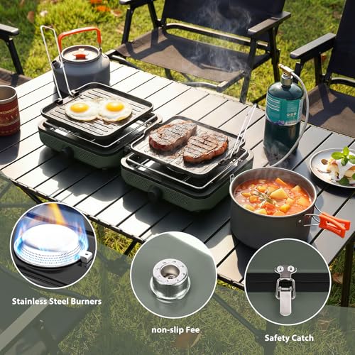 Hisencn Camping Stove,2 Burner Propane Camping Stove,Dual Griddles,30,000 BTU Portable Propane Stove with Carry Bag,Outdoor Cooking Stove set for Camping Gear,RV Essentials,Camp Gifts for Man,Green - color: Green