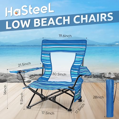 HaSteeL Folding Beach Chair Set of 2, Foldable Striped Camping Chairs for Outside, Low Beach Chair Portable for Adults Fishing, Picnic, Outdoor BBQ, Travel, Sports, Cup Holder & Storage Bag - color: Striped Chairs