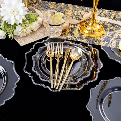 COLOSUS 350pcs Clear Plastic Plates Disposable Gold Cutlery Dinnerware set for party: 50 Dinner Plate, 50 Dessert Plate, 50 Per Rolled Napkins with Gold Silverware, 50 Cups 9 OZ for Thanksgiving - color: Clear