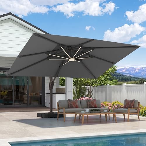 9x12 FT Cantilever Patio Umbrella with Base and Led Lights Double Top Outdoor Rectangular Large Heavy Duty Aluminum Offset Umbrellas with 7 Level Tilt 360-degree Rotation for Pool Garden Deck, Grey - color: Grey, size: 9' X 12'-with Light & Base
