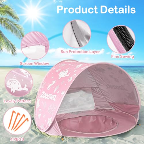 Baby Beach Tent, Pop Up Beach Tent Sun Shade for Beach, Portable Shade Pool UV Protection Sun Shelter for Infant with Beach Sand Toys Set - color: Light Pink
