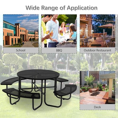 46-inch Black Round Outdoor Picnic Table with Umbrella Hole - Heavy Duty Coated Steel Metal Patio Dining Set for Garden, Courtyard, BBQ & Commercial Use - color: Black-round