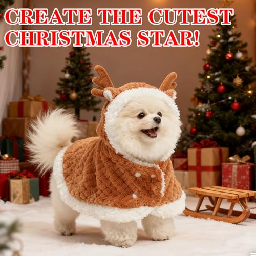 EXPAWLORER Dog Christmas Costume Winter Coat with Hat, Fleece Warm Elk Pet Cloak Cape Blanket with Antlers for Cold Weather, Thicken Dog Sweater Jacket Clothes for Small Medium Large Dogs Cats Brown M - color: Elk Brown, size: Medium